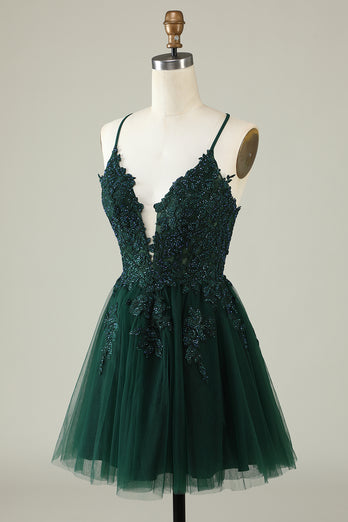 V-Neck Dark Green Beaded Short Prom Dress with Appliques