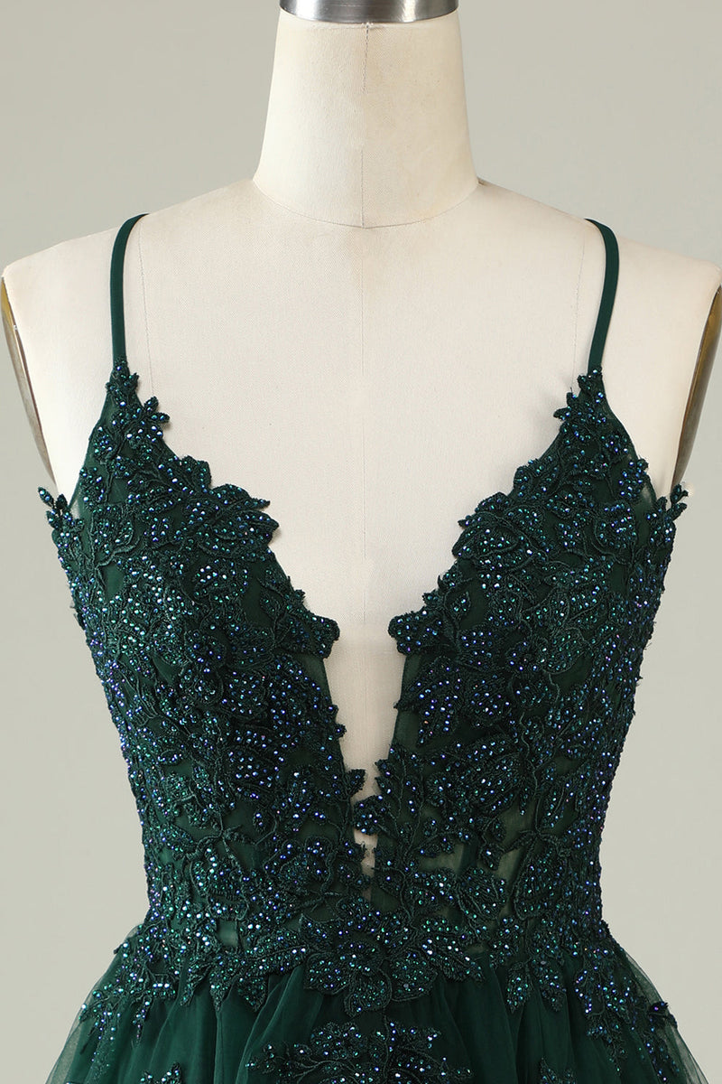 Load image into Gallery viewer, V-Neck Dark Green Beaded Short Prom Dress with Appliques