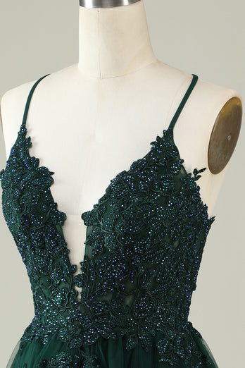 V-Neck Dark Green Beaded Short Prom Dress with Appliques