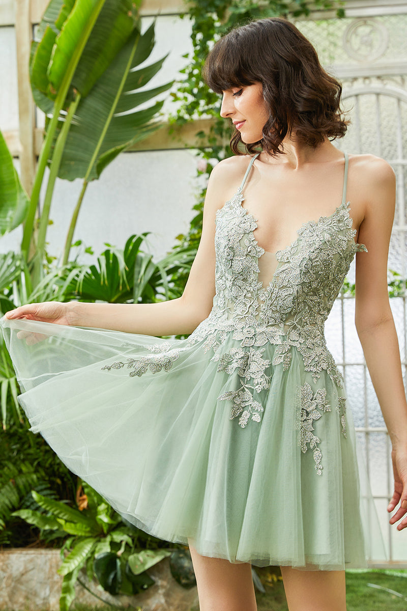 Load image into Gallery viewer, A Line Spaghetti Straps Dark Green Short Homecoming Dress with Appliques