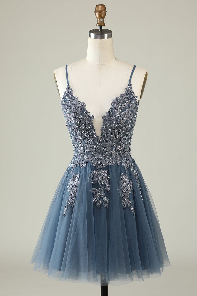 Load image into Gallery viewer, V-Neck Dark Green Beaded Short Prom Dress with Appliques