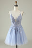 Load image into Gallery viewer, V-Neck Light Purple Beaded Short Prom Dress with Appliques