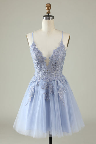 V-Neck Light Purple Beaded Short Prom Dress with Appliques
