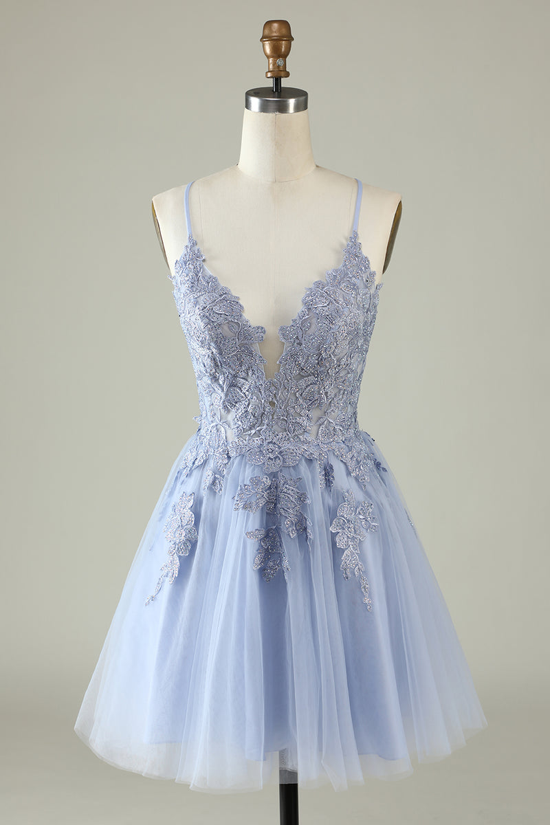 Load image into Gallery viewer, V-Neck Blush Beaded Short Prom Dress with Appliques
