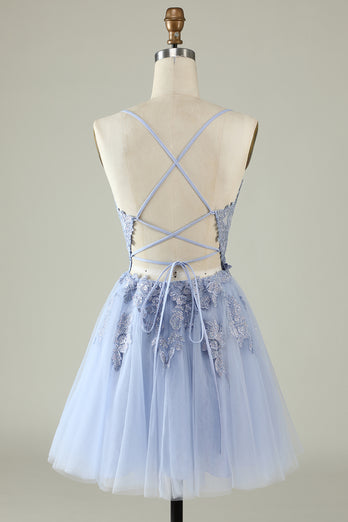 V-Neck Blush Beaded Short Prom Dress with Appliques