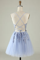 Load image into Gallery viewer, V-Neck Grey Blue Beaded Short Prom Dress with Appliques