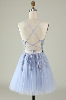 V-Neck Light Purple Beaded Short Prom Dress with Appliques
