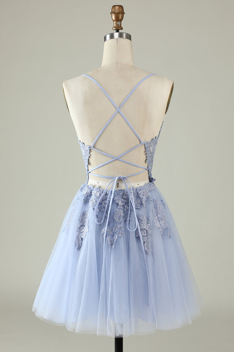 Load image into Gallery viewer, V-Neck Light Purple Beaded Short Prom Dress with Appliques