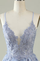 Load image into Gallery viewer, V-Neck Grey Blue Beaded Short Prom Dress with Appliques