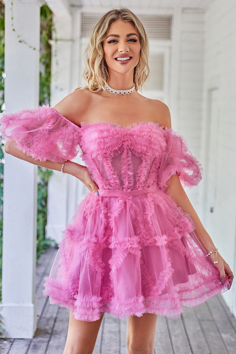 Load image into Gallery viewer, Blue Tulle Off The Shoulder Short Homecoming Dress