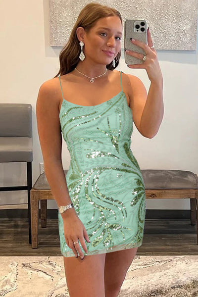 Green Bodycon Lace Up Sequined Short Party Dress
