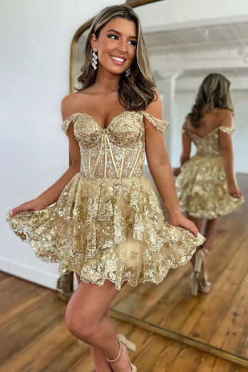 Sparkly Navy Corset Tiered Lace A-Line Short Prom Dress