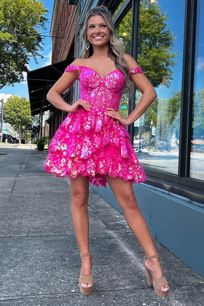 Women Sparkly Fuchsia A-Line Short Prom Dress Off the Shoulder Corset Lace Party Dress
