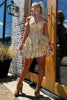 Load image into Gallery viewer, Women Sparkly Golden A-Line Short Prom Dress Off the Shoulder Corset Lace Party Dress