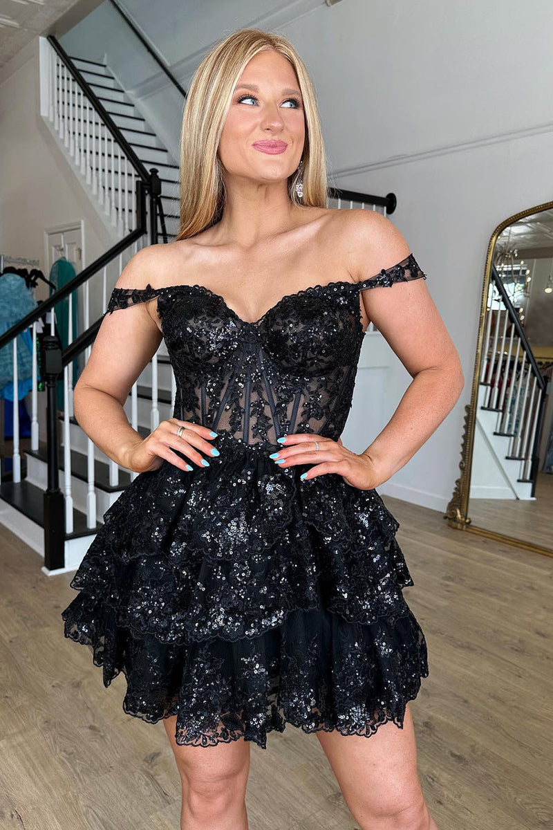 Load image into Gallery viewer, Women Sparkly Black A-Line Short Prom Dress Off the Shoulder Corset Lace Party Dress