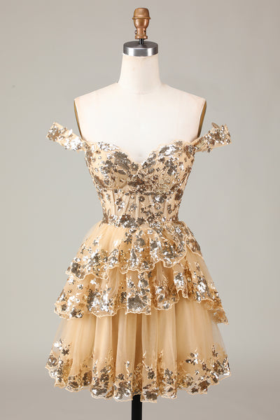 Women Glitter Golden A-Line Short Party Dress Off the Shoulder Corset Lace Cocktail Dress