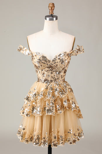 Women Glitter Golden A-Line Short Party Dress Off the Shoulder Corset Lace Cocktail Dress