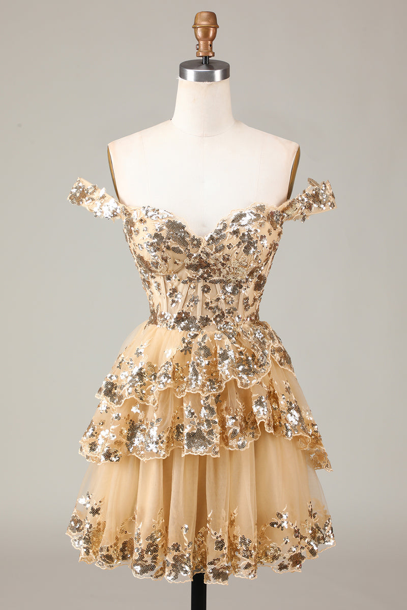 Load image into Gallery viewer, Women Glitter Golden A-Line Short Party Dress Off the Shoulder Corset Lace Cocktail Dress
