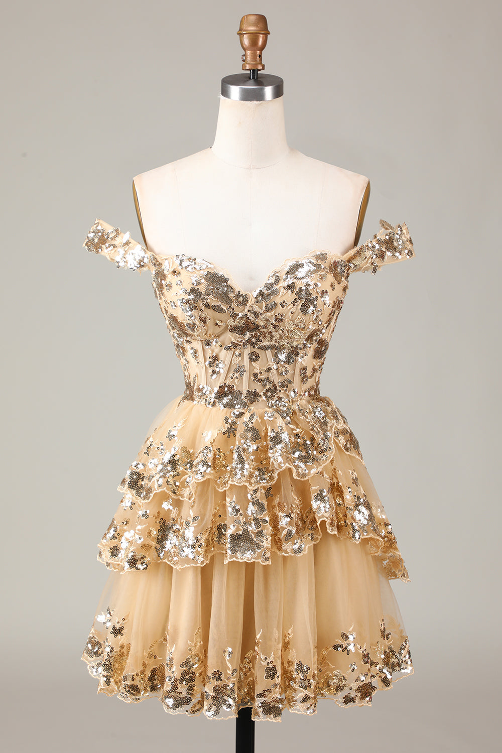 Women Glitter Golden A-Line Short Party Dress Off the Shoulder Corset Lace Cocktail Dress