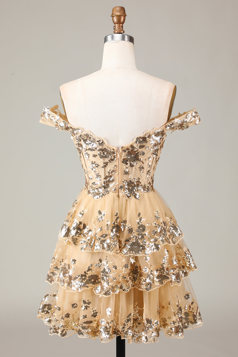 Load image into Gallery viewer, Glitter Golden Asymmetrical A-Line Short Lace Party Dress