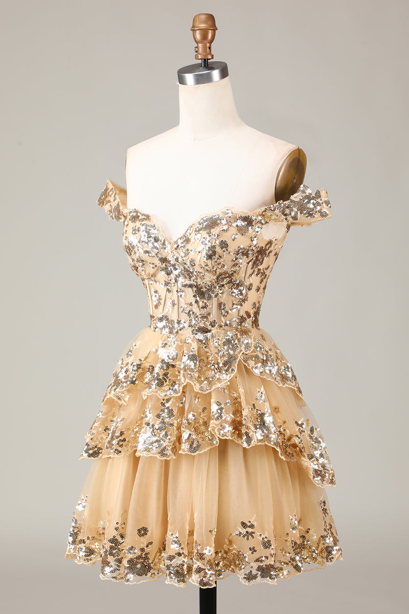 Load image into Gallery viewer, Glitter Golden Asymmetrical A-Line Short Lace Party Dress