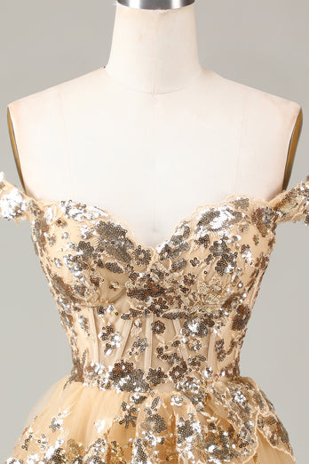 Glitter Golden Asymmetrical A-Line Short Lace Party Dress