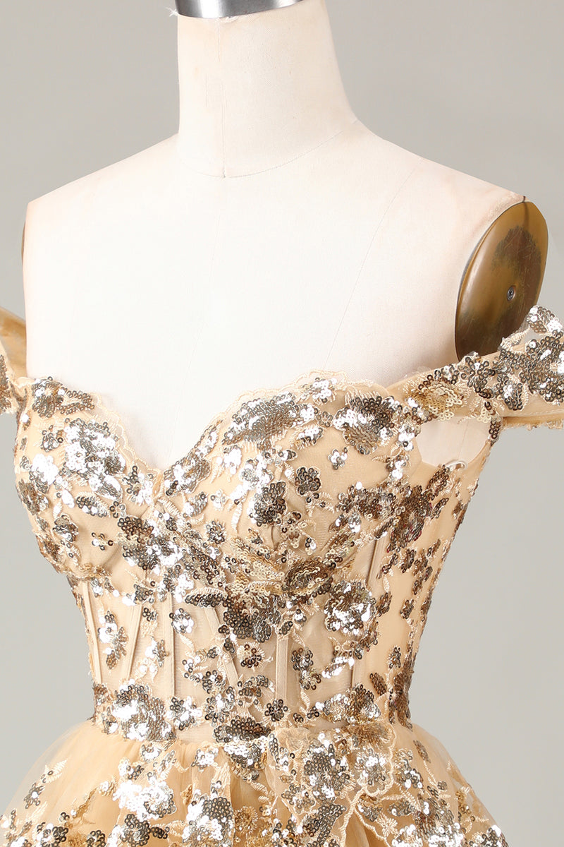 Load image into Gallery viewer, Glitter Golden Asymmetrical A-Line Short Lace Party Dress