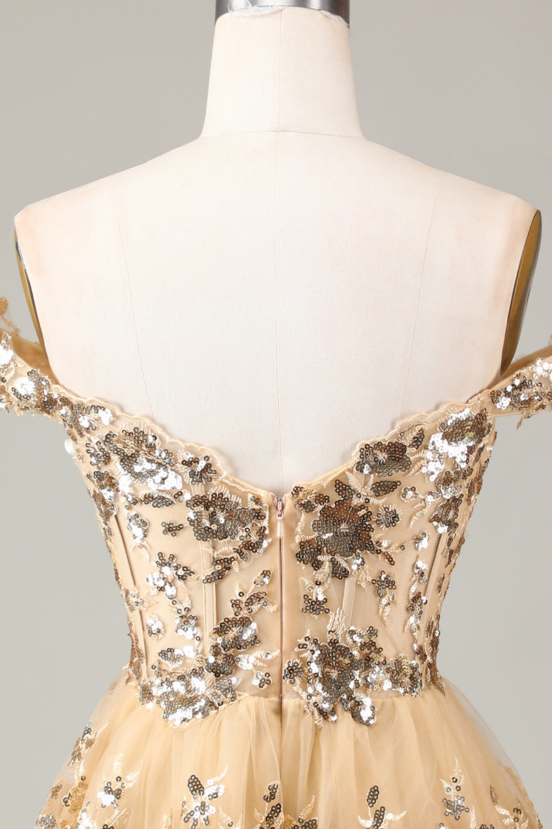 Load image into Gallery viewer, Glitter Golden Asymmetrical A-Line Short Lace Party Dress