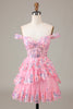 Load image into Gallery viewer, Women Glitter Pink A-Line Short Party Dress Off the Shoulder Corset Lace Cocktail Dress