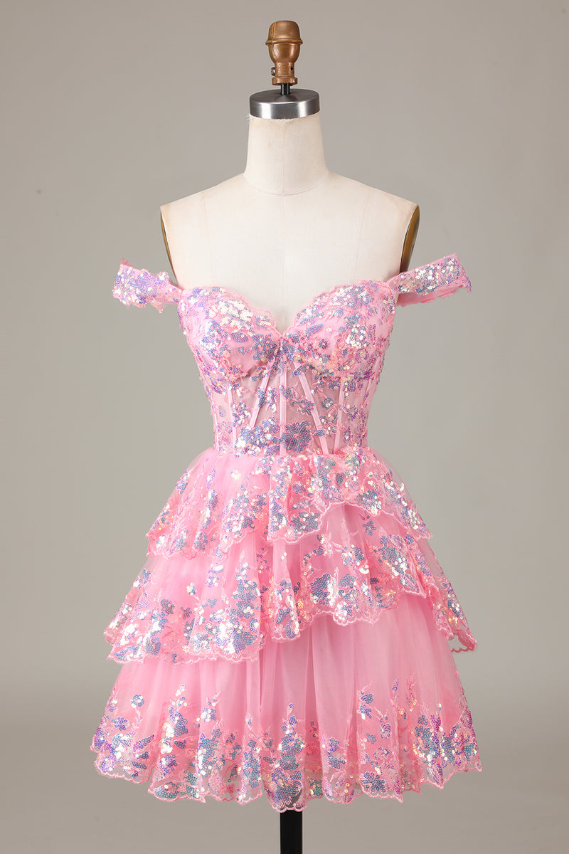 Load image into Gallery viewer, Women Glitter Pink A-Line Short Party Dress Off the Shoulder Corset Lace Cocktail Dress