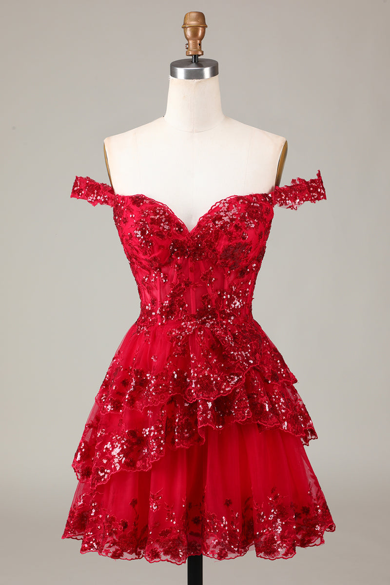 Load image into Gallery viewer, Women Glitter Red A-Line Short Party Dress Off the Shoulder Corset Lace Cocktail Dress
