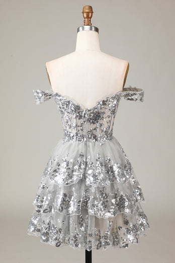 Glitter Golden Asymmetrical A-Line Short Lace Party Dress