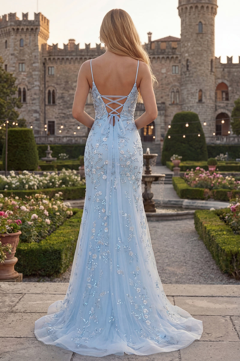Load image into Gallery viewer, Blue Mermiad Plus Size Spaghetti Straps Prom Dress with Appliques