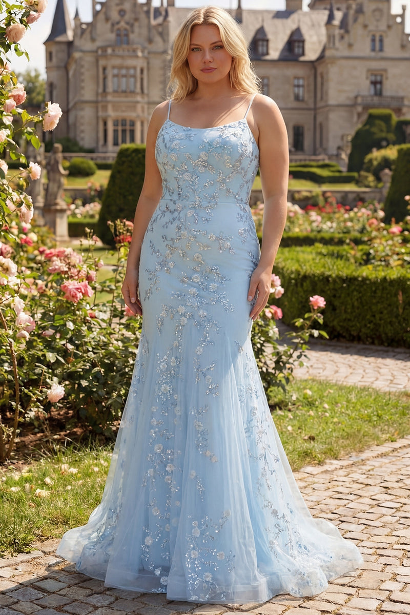 Load image into Gallery viewer, Blue Mermiad Plus Size Spaghetti Straps Prom Dress with Appliques