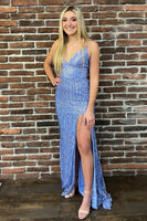 Load image into Gallery viewer, Glitter Blue Mermaid Backless Long Prom Dress With Slit