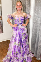 Load image into Gallery viewer, A-Line Off the Shoulder Printed Lavender Prom Dress with Removable Sleeves
