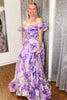 Load image into Gallery viewer, A-Line Off the Shoulder Printed Lavender Prom Dress with Removable Sleeves