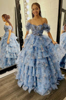 Load image into Gallery viewer, Women Blue Off the Shoulder Floral Printed Tiered Prom Dress with Pleated A Line Tulle Formal Dress