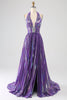 Load image into Gallery viewer, Glitter Blue Pleated Metallic Long Prom Dress with Slit