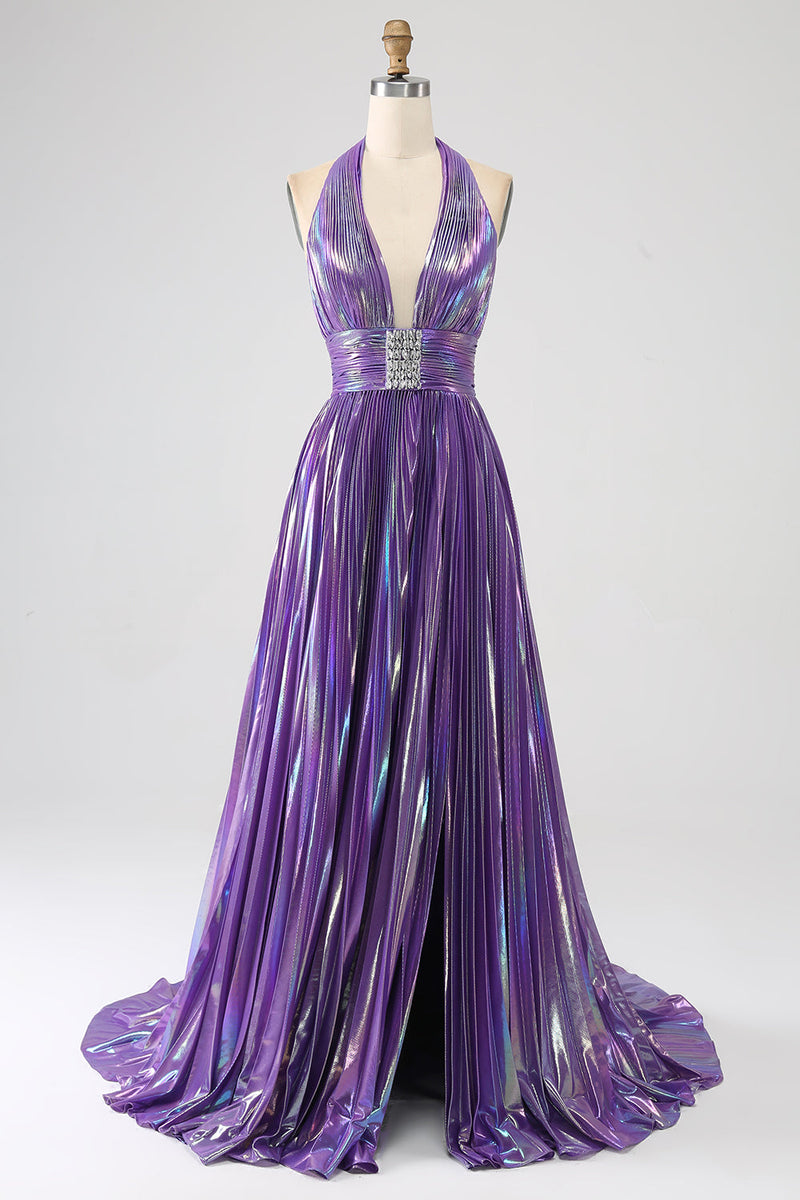Load image into Gallery viewer, Glitter Blue Pleated Metallic Long Prom Dress with Slit