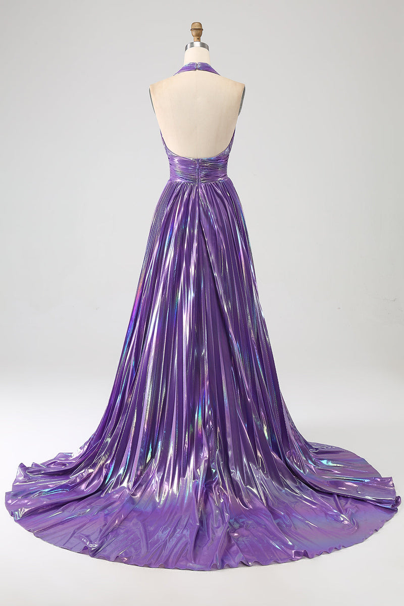 Load image into Gallery viewer, Glitter Blue Pleated Metallic Long Prom Dress with Slit