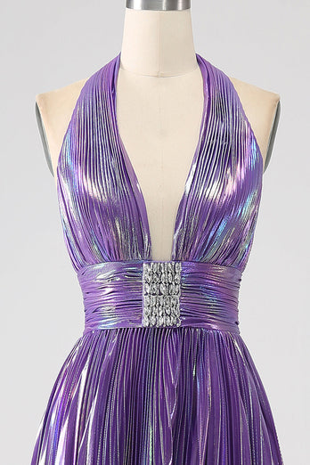 Glitter Blue Pleated Metallic Long Prom Dress with Slit