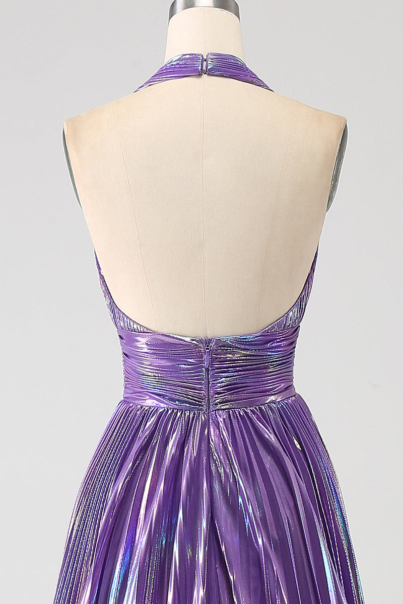 Load image into Gallery viewer, Glitter Blue Pleated Metallic Long Prom Dress with Slit