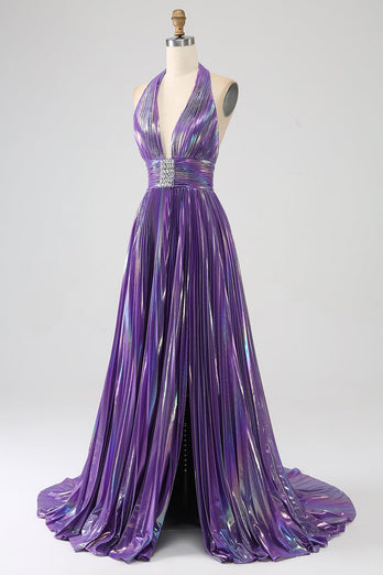 Glitter Blue Pleated Metallic Long Prom Dress with Slit