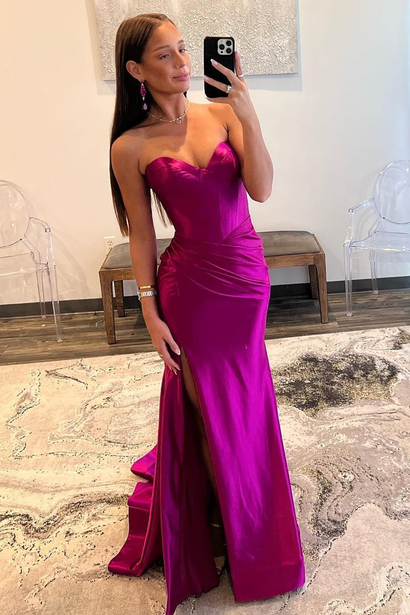 Load image into Gallery viewer, Fuchsia Mermaid Sweetheart Long Prom Dress with Slit