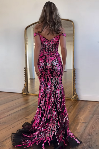 Sparkly Mermaid Off The Shoulder Dark Green Corset Prom Dress with Slit