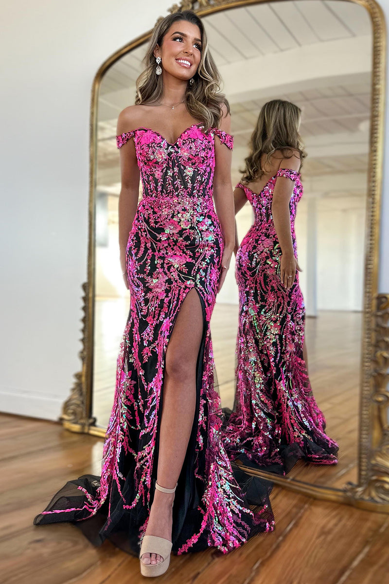 Load image into Gallery viewer, Sparkly Mermaid Off The Shoulder Dark Green Corset Prom Dress with Slit