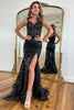 Load image into Gallery viewer, Women Sparkly Black Corset Long Prom Dress with Slit Mermaid Tulle Party Dress Off The Shoulder Evening Dress with Sequins