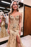 Load image into Gallery viewer, Sparkly Mermaid Off The Shoulder Fuchsia Corset Prom Dress with Slit