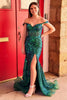 Load image into Gallery viewer, Women Sparkly Dark Green Corset Long Prom Dress with Slit Mermaid Off The Shoulder Party Dress with Sequins